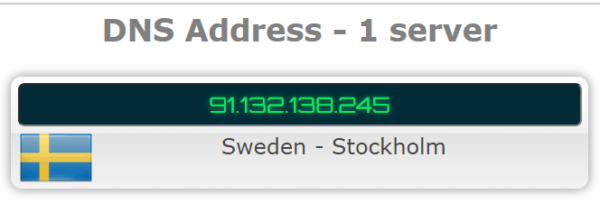 skærmbillede af DNS-adresse - server i sverige, stockholm